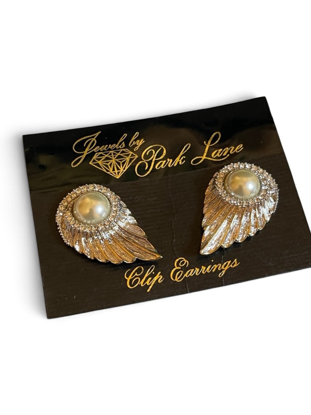 Vintage Park Lane Silver Tone Angel Wing Faux Pearl Rhinestone Clip On Earrings
